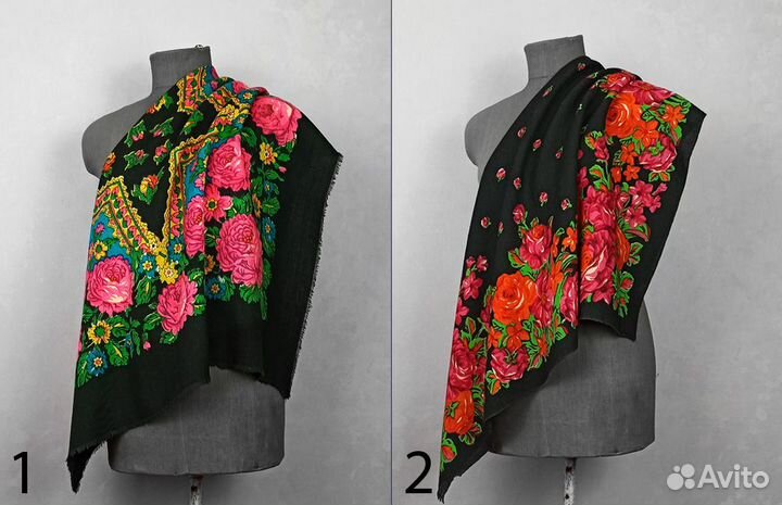 Павлопосадский платок винтаж СССР черный фон