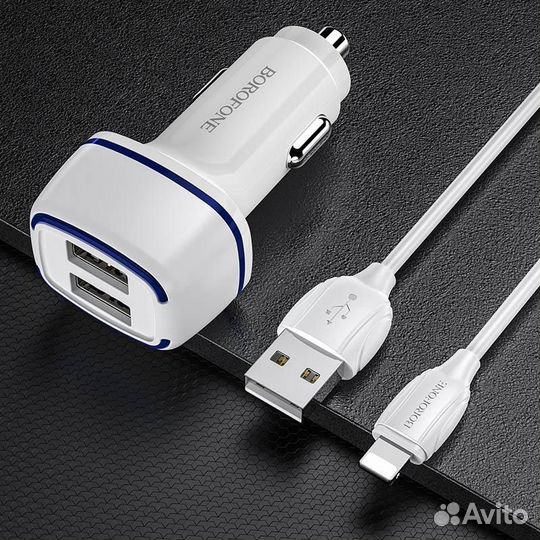Авто зу 2USB + кабель Lightning BZ14 12W 2400mAh