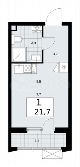 Квартира-студия, 21,7 м², 2/19 эт.
