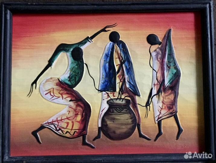 Картина «Африка-танцы на закате» - масло по дереву