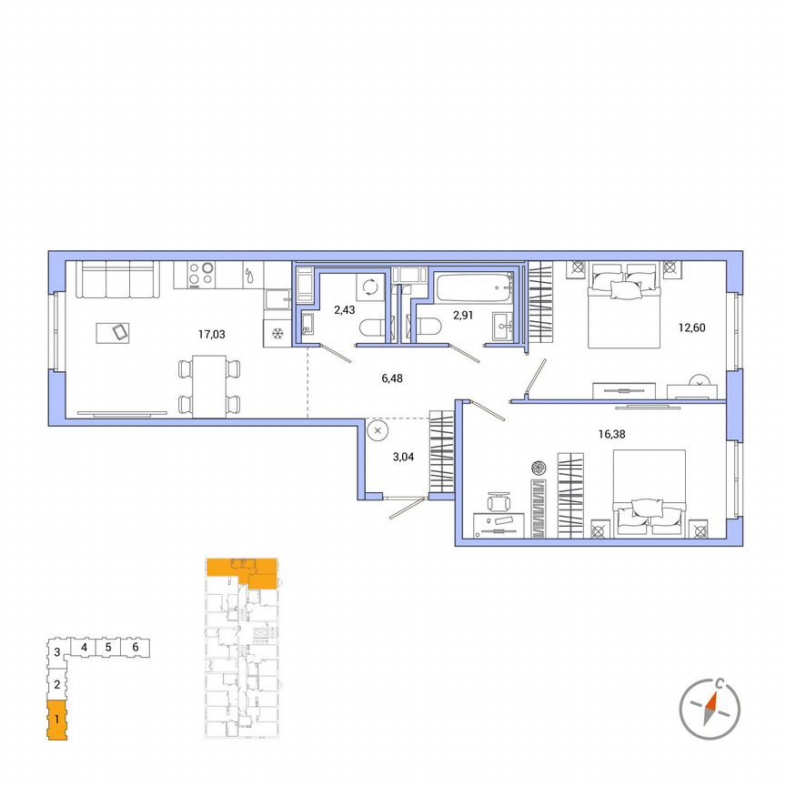 2-к. квартира, 60,9 м², 1/7 эт.