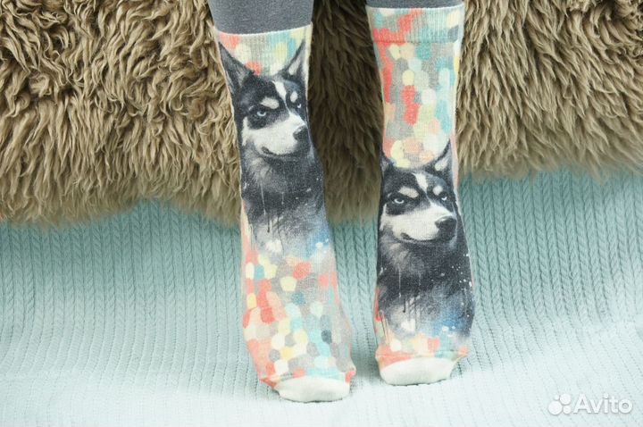 Шерстяные носки с принтом Хаски. Фон цветными капл