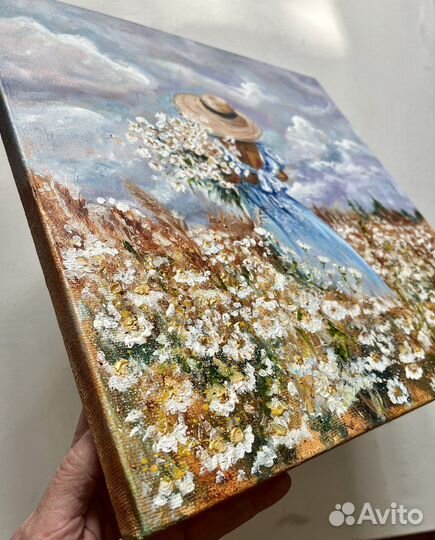 Картина маслом Девушка с ромашками 40х40 см