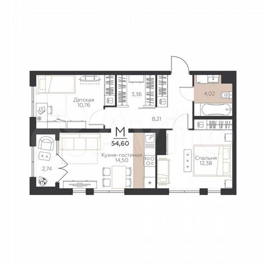 2-к. квартира, 54,6 м², 4/5 эт.