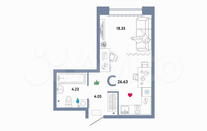 Квартира-студия, 26,6 м², 6/11 эт.