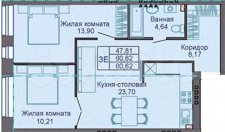 3-к. квартира, 60,6 м², 3/5 эт.