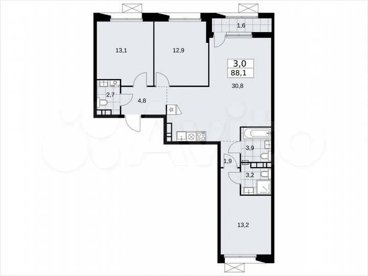 3-к. квартира, 88,1 м², 6/9 эт.