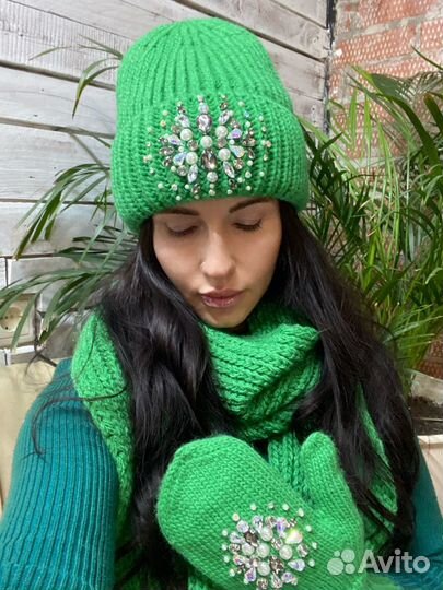 Женская шапка шарф и варежки Комплект 3 в 1