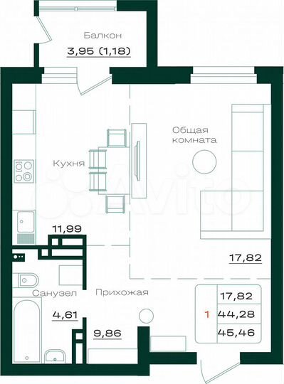 1-к. квартира, 45,5 м², 12/17 эт.