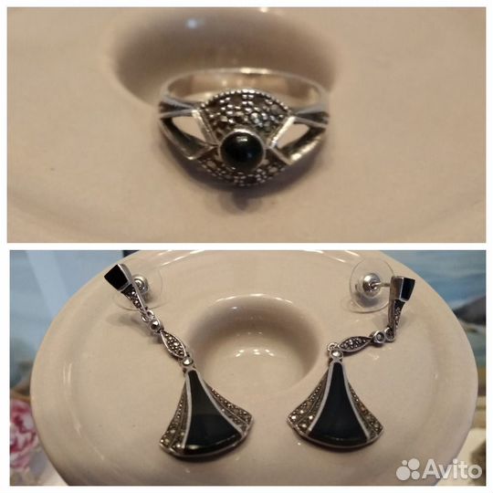 Серебряный перстень и серьги с черным агатом