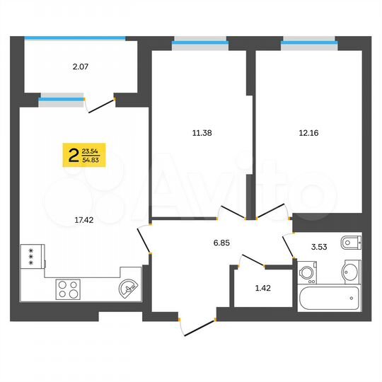 2-к. квартира, 54,8 м², 6/18 эт.