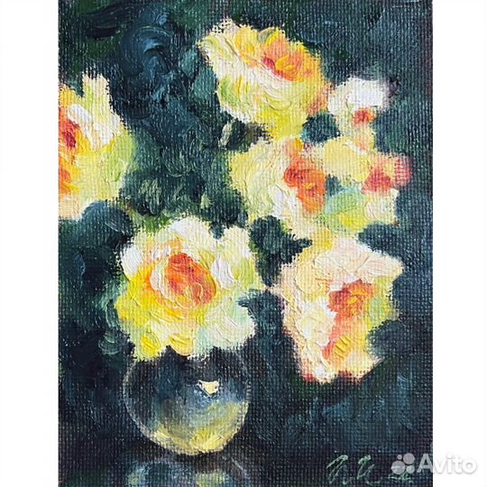 Картина маслом с цветами, желтые розы, 15/20 см