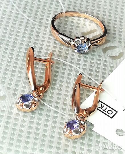 Серьги, кольцо серебро танзанит разм.17,5 С144