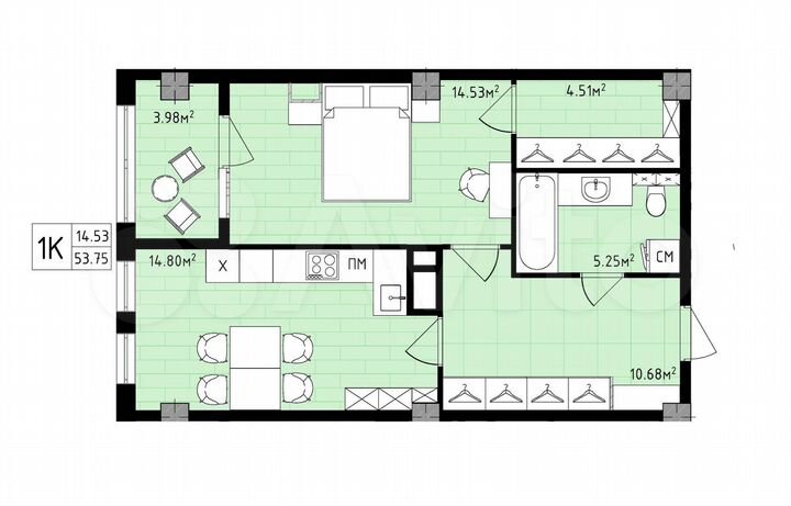 1-к. квартира, 53,8 м², 15/16 эт.