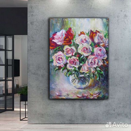 Картина маслом Розы в вазе Натюрморт с цветами