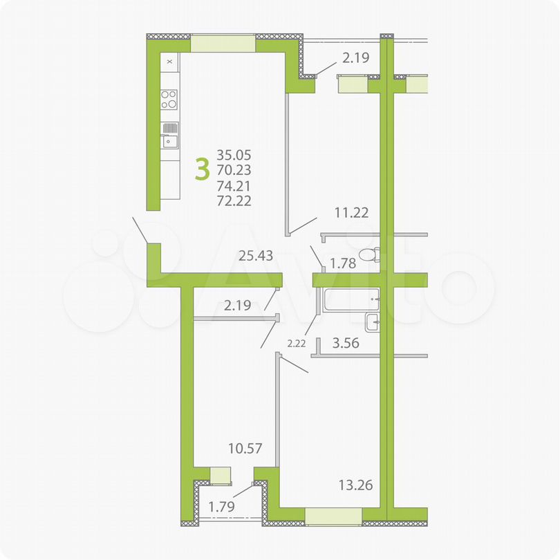 3-к. квартира, 69,5 м², 2/3 эт.