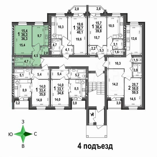 1-к. квартира, 36,3 м², 1/5 эт.