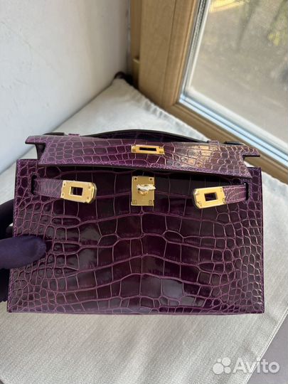 Сумка клатч Hermes kelly pochette croco raisin