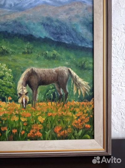 Картина маслом Пейзаж Горный луг Лошадь