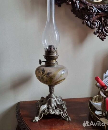 Керосиновая лампа,дутое стекло+ бронза,19век