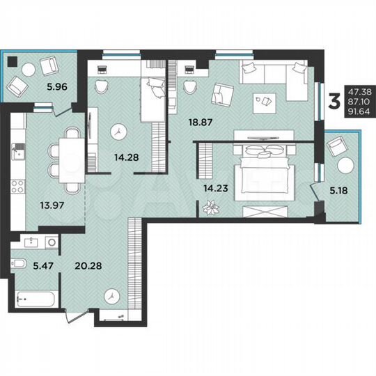 3-к. квартира, 91,6 м², 2/12 эт.