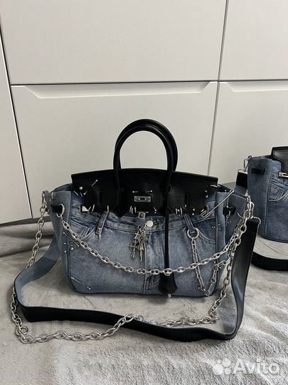 Сумка кастом из джинс и кожи в стиле Birkin