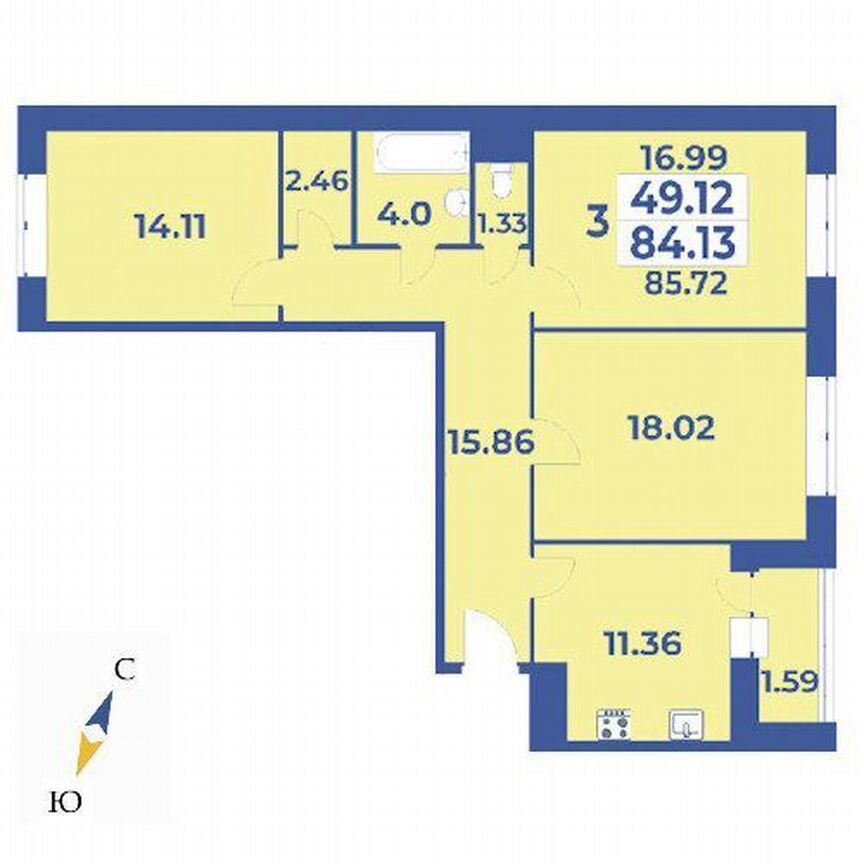 3-к. квартира, 85,7 м², 4/7 эт.