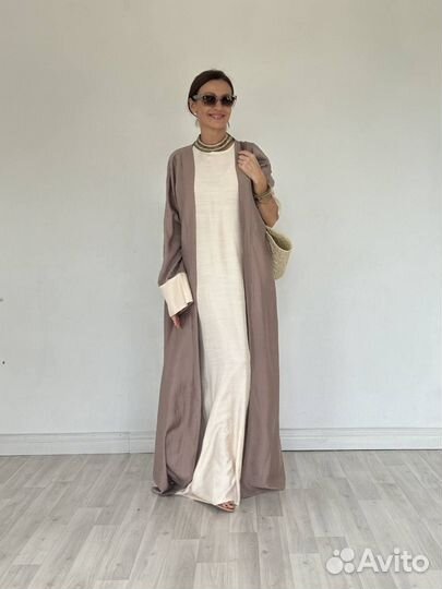 Кимоно женское длинное какао вискоза лён