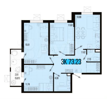 3-к. квартира, 73,2 м², 2/8 эт.