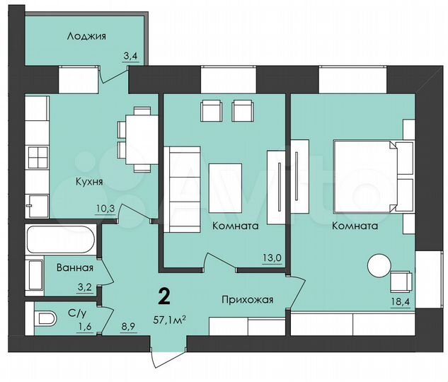 2-к. квартира, 57,1 м², 5/6 эт.
