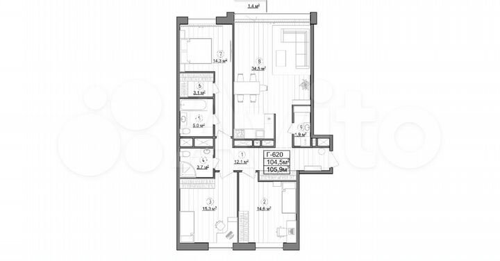 3-к. апартаменты, 104,5 м², 6/14 эт.