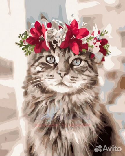 Картина по номерам 40x50 Кошечка с красным веночко