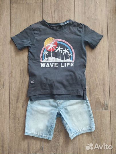 Джинсовые шорты Некст, футболка Резервед, 116-122