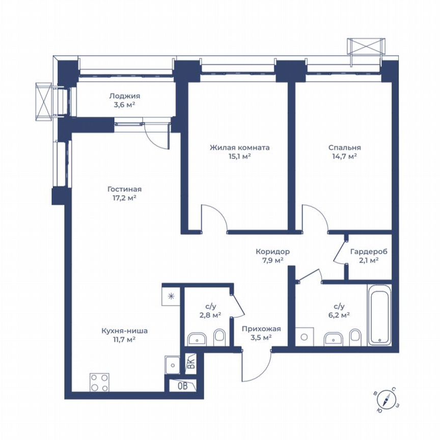 2-к. квартира, 82,6 м², 13/15 эт.