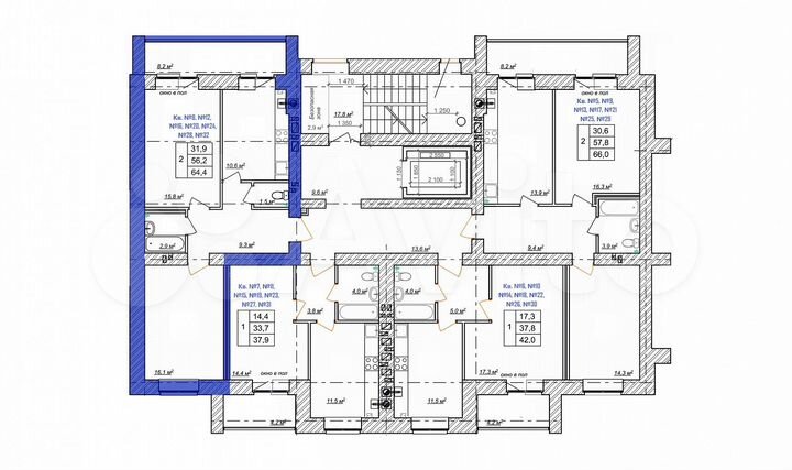 2-к. квартира, 64,4 м², 4/9 эт.