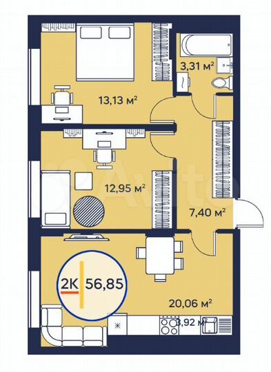 2-к. квартира, 57 м², 18/23 эт.