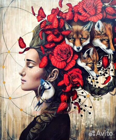 Картина по номерам 40x50 Девушка с лисами и розами