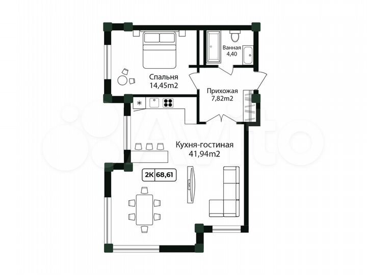 2-к. квартира, 68,6 м², 12/12 эт.