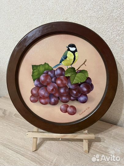 Картина Синица и виноград масло холст 30см