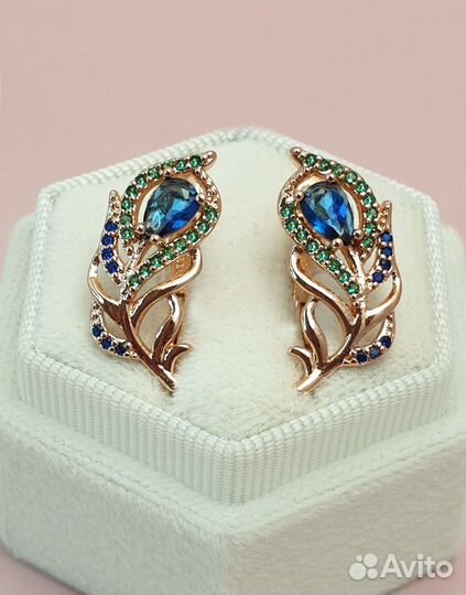 Серьги дубайское золото перо павлина