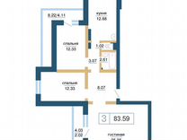 3-к. квартира, 83,6 м², 2/17 эт.