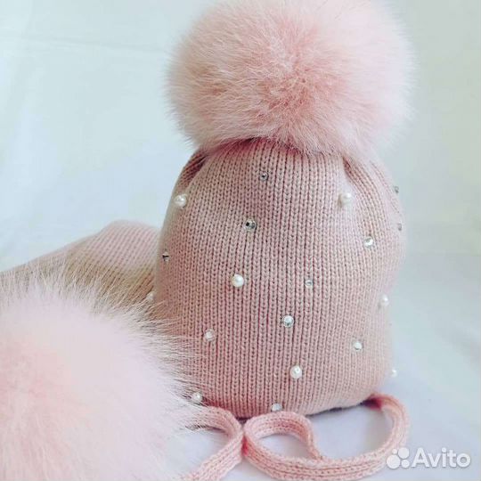 Шапка с шарфом, натуральный мех