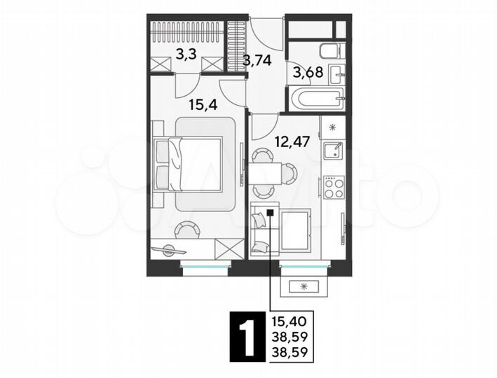 1-к. квартира, 38,6 м², 15/25 эт.
