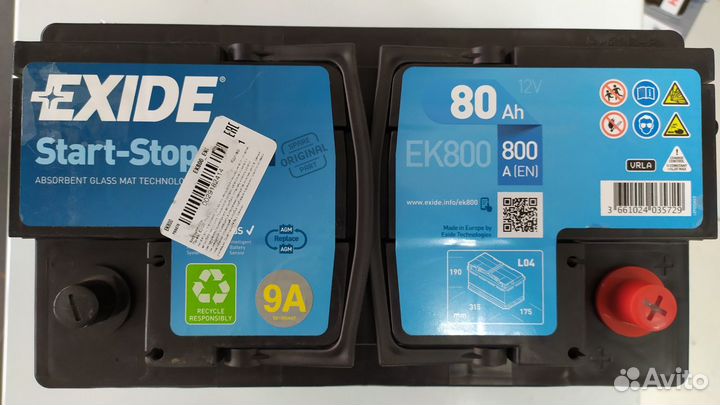 Аккумулятор 80Ah Exide AGM 800A EK800 start-stop