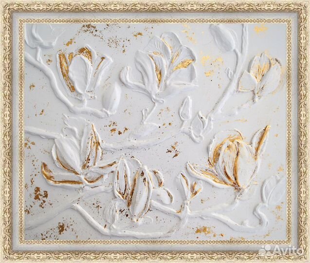 Гипсовый барельеф ботанический Картина магнолия