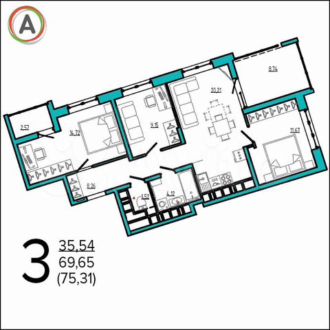3-к. квартира, 75,3 м², 5/16 эт.