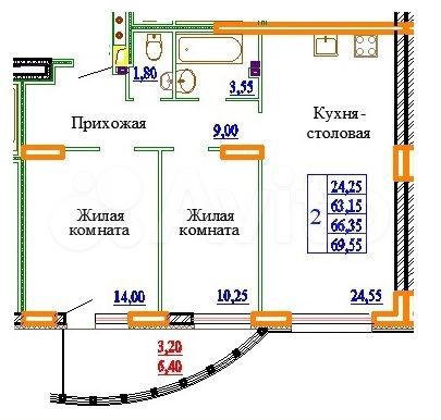 2-к. квартира, 69,6 м², 1/14 эт.