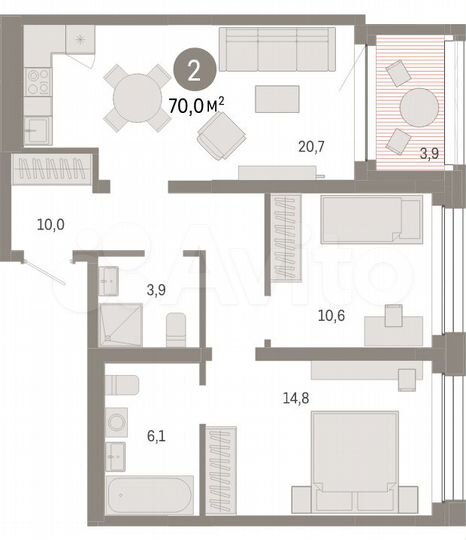 2-к. квартира, 70 м², 2/8 эт.