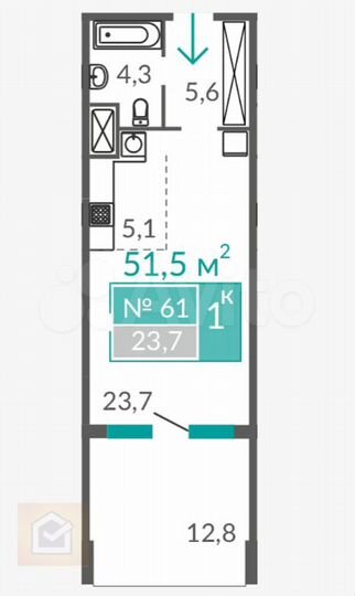 Апартаменты-студия, 51,5 м², 4/10 эт.