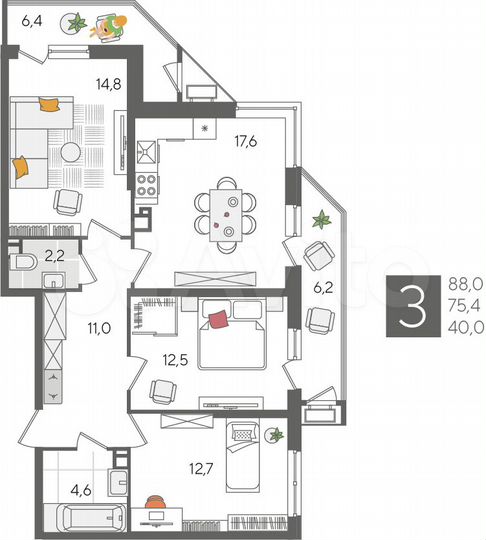 3-к. квартира, 88 м², 9/24 эт.